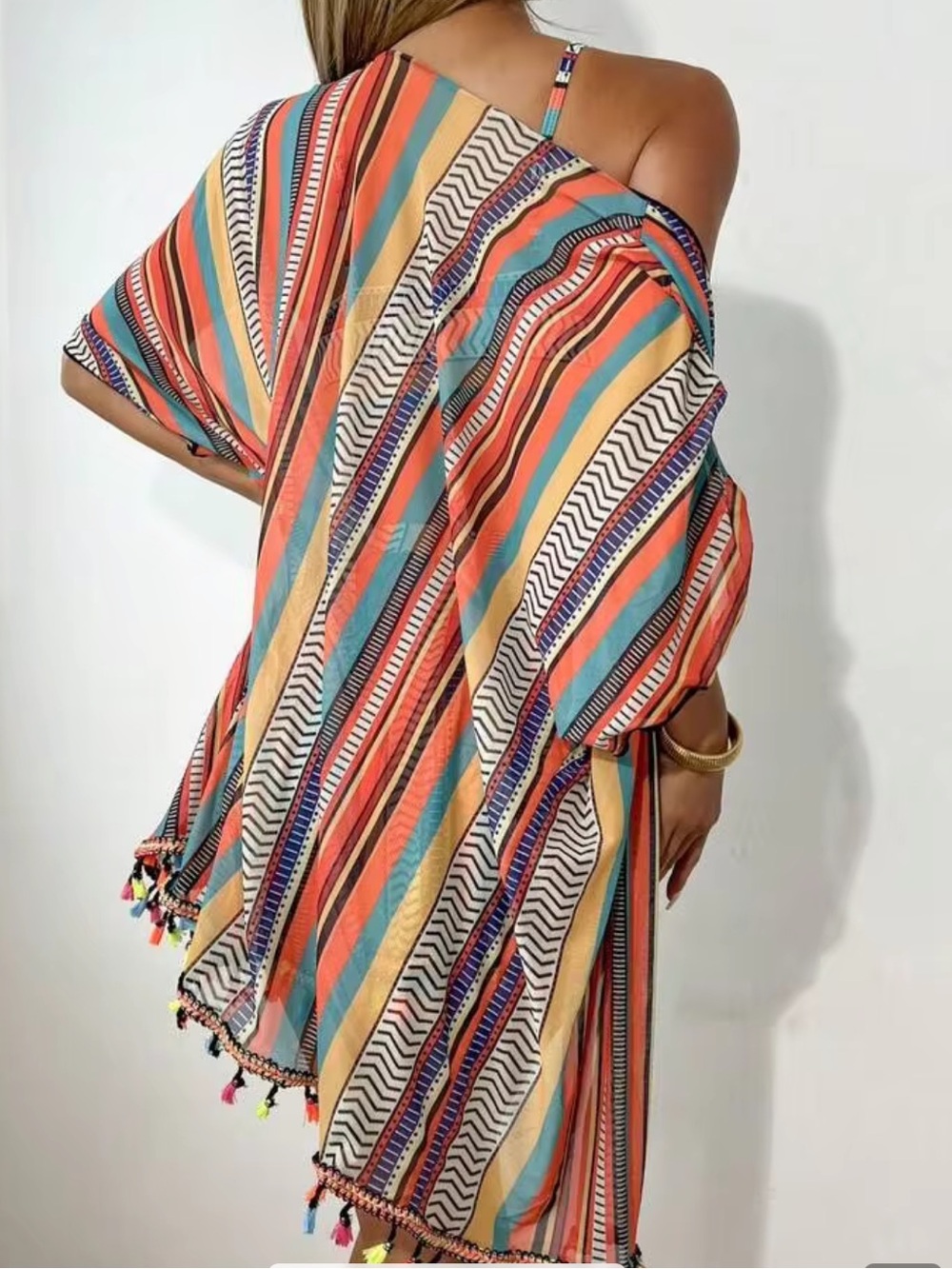 Striped Multicolor Beach Cover-Up 2PC Set w colorful tassels SZ 1XL